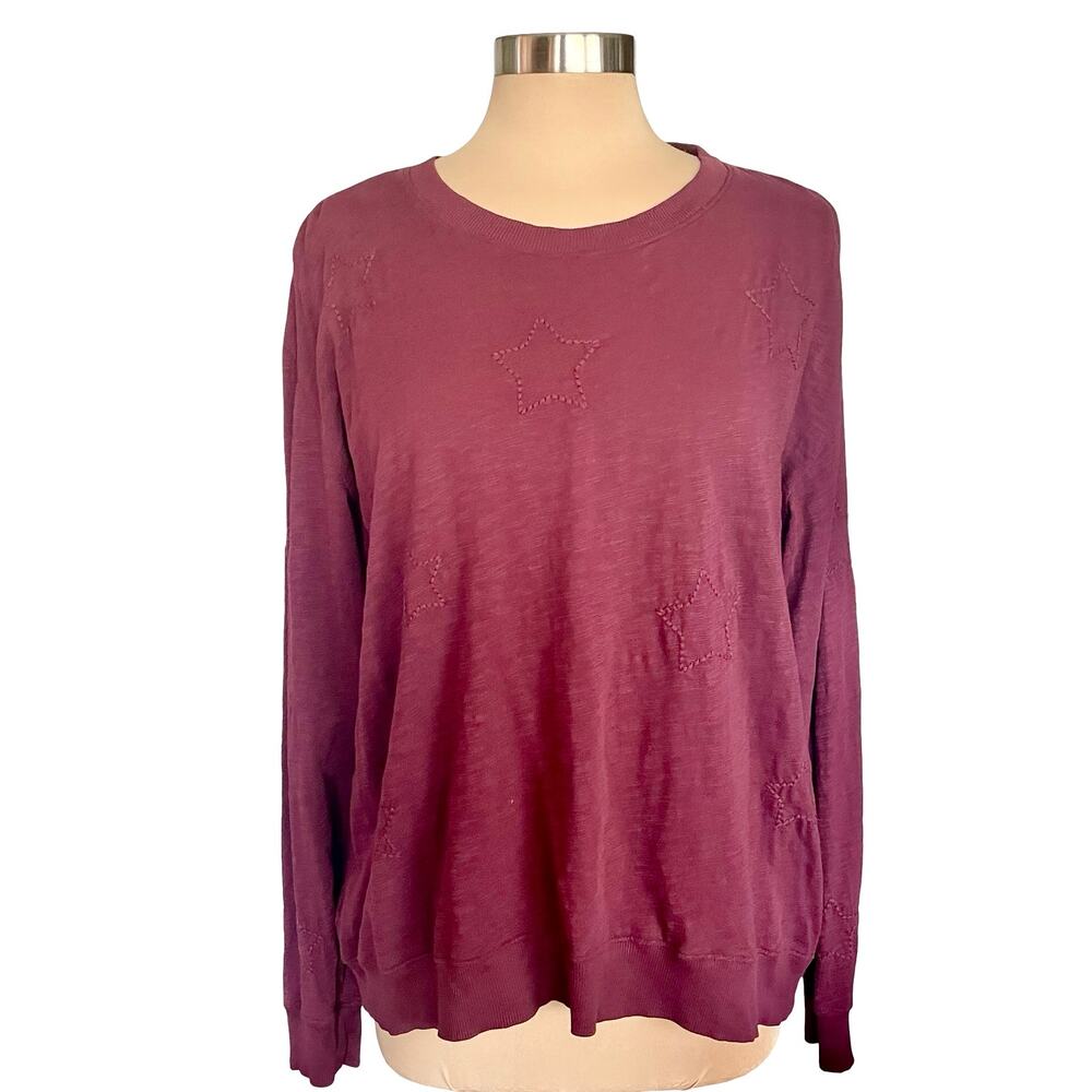 Mod-O-Doc T-shirt Burgundy Tone-on-tone Star Embroidery Womens Sz L Long Sleeves